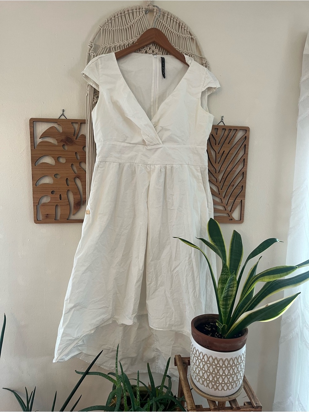 Manila Grace Italy 100% Cotton White High-Low Midi Dress V-Neck Pockets 44